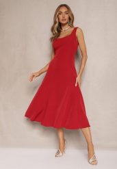 Bordowa Rozkloszowana Sukienka w Klasycznym Stylu Deslene. Czerwone sukienki Renee, na co dzień, l, bez wzorów, eleganckie, bez kołnierzyka, bez ramiączek, midi, proste. W wyprzedaży za 76.99 zł.