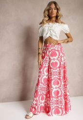 Różowe Szerokie Spodnie z Wiskozy High Waist z Gumką w Talii o Kwiatowym Wzorze Weranea. Czerwone jeansy Renee, bez wzorów, z jeansu, z podwyższonym stanem. W wyprzedaży za 67.99 zł.