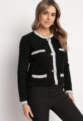 Czarny Wiskozowy Kardigan z Ozdobną Lamówką i Kolorowymi Guzikami Pelini. Czarne swetry Born2be, bez wzorów, z wiskozy, eleganckie, bez ramiączek. W wyprzedaży za 76.49 zł.