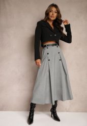 Szaro-Czarna Spódnica o Rozkloszowanym Kroju High Waist z Guzikami Paskiem i Gumką w Talii Verianne. Szare spódnice Renee, l, bez wzorów, z materiału, midi, rozkloszowane. W wyprzedaży za 119.99 zł.