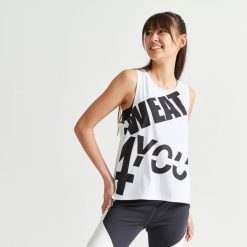 Koszulka fitness damska Domyos bez rękawów. Białe t-shirty sportowe DOMYOS, l, bez wzorów, z materiału, bez ramiączek, na fitness i siłownię. Za 39.99 zł.