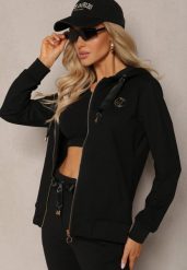 Czarna Bluza z Kapturem na Suwak z Metalową Aplikacją Jevase. Czarne bluzy Renee, xs, z aplikacjami, z jeansu, bez ramiączek, z kapturem. W wyprzedaży za 51.99 zł.