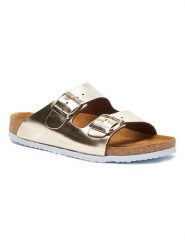 Comfortfusse Skórzane klapki w kolorze złotym rozmiar: 36. Żółte klapki Comfortfüße, bez wzorów, klasyczne, z otwartym noskiem, bez obcasa, bez zapięcia. Za 260.99 zł.