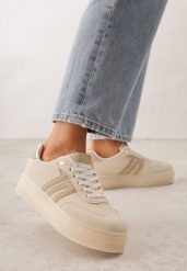 Beżowe Sneakersy Kultowe Tenisówki na Platformie Hlalna. Brązowe trampki Born2be, bez wzorów, z jeansu, bez zapięcia. Za 99.99 zł.