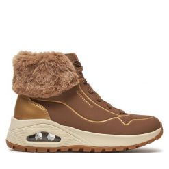 Trzewiki Skechers. Brązowe botki Skechers, bez wzorów, bez obcasa, na płaskiej podeszwie, bez zapięcia. Za 329.99 zł.