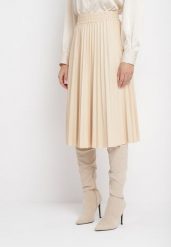 Jasnobeżowa Spódnica Plisowana Midi z Imitacji Skóry Narotte. Brązowe spódnice Born2be, l, z aplikacjami, ze skóry, eleganckie, midi. W wyprzedaży za 50.99 zł.