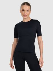4F Koszulka treningowa slim szybkoschnąca damska - czarna M. Czarne t-shirty sportowe 4f, m, bez wzorów, z elastanu, bez ramiączek, na fitness i siłownię. Za 129.99 zł.