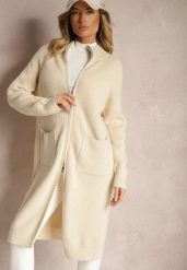 Jasnobeżowy Długi Kardigan o Prostym Kroju ze Stójką z Domieszką Wełny i Zapięciem na Suwak Bonitana. Brązowe swetry Renee, bez wzorów, z jeansu, eleganckie, bez ramiączek. W wyprzedaży za 111.99 zł.