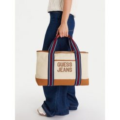 Torba Guess Jeans. Białe torby sportowe Guess Jeans, z aplikacjami, z jeansu. Za 332.99 zł.