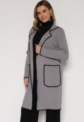 Szary Kardigan Ozdobiony Lamówką Tusbena. Szare swetry Born2be, bez wzorów, z jeansu, eleganckie, bez ramiączek. Za 129.99 zł.