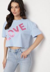 Niebieski Bawełniany T-shirt Oversize o Krótkim Kroju z Napisem Sannelia. Niebieskie t-shirty Born2be, m, bez wzorów, z bawełny, bez kołnierzyka, bez ramiączek. Za 49.99 zł.