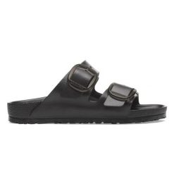 Klapki damskie Birkenstock Arizona. Czarne klapki Birkenstock, bez wzorów, z materiału, klasyczne, bez obcasa, bez zapięcia. Za 339.00 zł.
