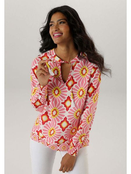 Aniston Bluzka w kolorze czerwono-biało-jasnoróżowym rozmiar: 42. Białe bluzki Aniston, bez wzorów, z wiskozy, bez kołnierzyka, bez ramiączek. Za 65.85 zł.