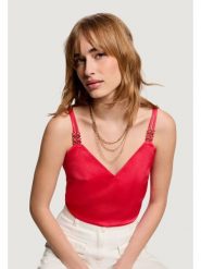 Morgan Top 242-OLAFI Koralowy Regular Fit. Pomarańczowe topy Morgan, bez wzorów, z syntetyku, bez kołnierzyka, bez ramiączek. Za 179.99 zł.