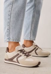 Beżowe Sneakersy Casual z Imitacji Zamszu z Geometrycznymi Wstawkami na Boku Sadiqa. Brązowe buty sportowe lifestyle Renee, bez wzorów, z jeansu, casualowe, przed kostkę, bez zapięcia. Za 119.99 zł.