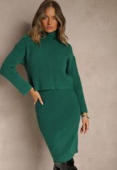 Zielony 2-częściowy Komplet z Wełną Sweter i Sukienka Midi Laninel. Zielone swetry Renee, uniwersalny, bez wzorów, z wełny, klasyczne, bez ramiączek. Za 119.99 zł.