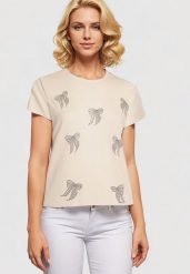 Beżowy T-shirt z Bawełny z Kokardkami Ozdobionymi Cyrkoniami Rissamore. Brązowe t-shirty Born2be, xl, bez wzorów, z bawełny, bez kołnierzyka, bez ramiączek. Za 59.99 zł.