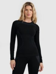 4F Bielizna termoaktywna bezszwowa z wełną merino (góra) damska - czarna M/L. Czarna bielizna termoaktywna damska 4f, bez wzorów, ze skóry, bez ramiączek, narciarskie. Za 299.99 zł.
