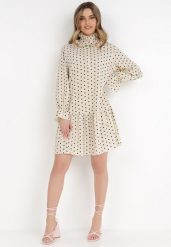 Jasnobeżowa Sukienka Nikathe. Brązowe sukienki Born2be, l, z aplikacjami, z tkaniny, bez kołnierzyka, bez ramiączek, mini. W wyprzedaży za 45.49 zł.