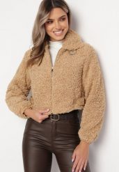 Ciemnobeżowa Kurtka ze Sztucznego Futerka Baranek z Paskiem przy Kołnierzyku Amixa. Brązowe kurtki Born2be, l, bez wzorów, bez kaptura. Za 74.99 zł.