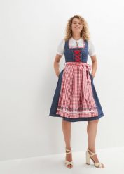Sukienka w ludowym stylu + fartuch (kompl. 2-częściowy), dł. do kolan. Niebieskie sukienki bonprix, bez wzorów, z bawełny, bez kołnierzyka, bez ramiączek, midi. Za 479.99 zł.