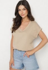Beżowy T-shirt z Bawełny z Trójkątnym Dekoltem Lireande. Brązowe t-shirty Born2be, l, bez wzorów, z bawełny, bez kołnierzyka, bez ramiączek. W wyprzedaży za 38.24 zł.