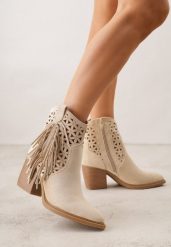 Beżowe Botki Kowbojki na Stożkowym Obcasie z Ażurowym Wzorem i Eathetina. Brązowe botki Born2be, w ażurowe wzory, z jeansu, boho, bez obcasa, na obcasie, bez zapięcia. Za 149.99 zł.