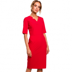 Sukienka elegancka ołówkowa dopasowana z podwyższoną talią czerwona. Czerwone sukienki Sukienki.shop, do pracy, m, bez wzorów, biznesowe, bez kołnierzyka, bez ramiączek, dopasowane. Za 209.00 zł.