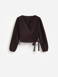 Bluza z wiązaniem - ciemnofioletowy. Fioletowe bluzy Reserved, l, bez wzorów, z dzianiny, bez ramiączek, bez kaptura. Za 99.99 zł.