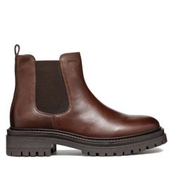 Sztyblety Geox. Brązowe botki Geox, bez wzorów, bez obcasa, na płaskiej podeszwie, bez zapięcia. Za 359.99 zł.