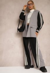 Szary Streetwearowy Komplet z Marynarką i Spodniami Wide Leg w Prążki Naorin. Szare marynarki i żakiety Renee, l, bez wzorów, eleganckie, bez ramiączek. W wyprzedaży za 235.99 zł.