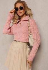 Różowy Sweter z Dekoltem w Serek i Ozdobnym Splotem Travissa. Czerwone swetry Renee, bez wzorów, ze splotem, casualowe, bez ramiączek. W wyprzedaży za 95.99 zł.