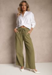 Zielone Szerokie Spodnie Palazzo High Waist z Ozdobnym Wiązaniem Arandiel. Zielone jeansy Renee, bez wzorów, z jeansu, street, z podwyższonym stanem. W wyprzedaży za 29.99 zł.