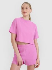 4F T-shirt crop top z waflowej dzianiny damski - różowy S. Czerwone t-shirty 4f, s, bez wzorów, z bawełny, sportowe, bez kołnierzyka, bez ramiączek. Za 69.99 zł.