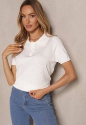 Biały Wiskozowy T-shirt w Stylu Polo ze Sweterkowej Dzianiny Hiliora. Białe t-shirty Renee, z aplikacjami, z dzianiny, biznesowe, bez kołnierzyka, bez ramiączek. W wyprzedaży za 83.99 zł.