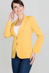 Musztardowy Klasyczny Prosty Żakiet. Brązowe marynarki i żakiety Katrus, l, bez wzorów, z materiału, klasyczne, bez ramiączek. Za 229.00 zł.