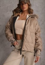 Ciemnobeżowa Pikowana Kurtka Puffer z Kapturem Ozdobiona Napisami Orellana. Brązowe kurtki Renee, na wiosnę, l, bez wzorów, z jeansu, z kapturem. Za 139.99 zł.