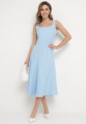 Niebieska Klasyczna Sukienka o Rozkloszowanym Kroju Delure. Niebieskie sukienki Born2be, l, z aplikacjami, eleganckie, bez kołnierzyka, bez ramiączek, midi, rozkloszowane. Za 99.99 zł.