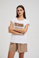 Bluzka z napisem i nadrukiem biała. Białe bluzki MOODO, l, bez wzorów, bez kołnierzyka, bez ramiączek. W wyprzedaży za 29.99 zł.