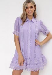 Fioletowa Koszulowa Sukienka Mini z Koronką i Perłowymi Guzikami Isira. Fioletowe sukienki Born2be, na imprezę, m, bez wzorów, z koronki, eleganckie, bez kołnierzyka, bez ramiączek, mini, koszulowe. W wyprzedaży za 125.99 zł.
