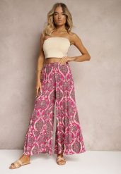 Fuksjowe Spodnie z Wiskozy z Szerokimi Nogawkami High Waist Wykończone Gumką w Talii Risettasmi. Czerwone jeansy Renee, na lato, l, bez wzorów, z jeansu, z podwyższonym stanem. W wyprzedaży za 32.99 zł.