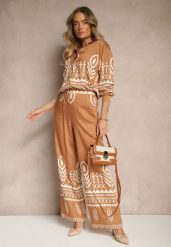 Brązowy Komplet z Wiskozą Koszula i Spodnie Zdobione Ornamentalnym Wzorem Gavris. Brązowe koszule Renee, l, z aplikacjami, z materiału, eleganckie, bez kołnierzyka, bez ramiączek. W wyprzedaży za 127.99 zł.