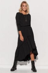 Dzianinowa Maxi Sukienka z Falbanką - Czarna. Czarne sukienki Makadamia, l, bez wzorów, z bawełny, bez kołnierzyka, bez ramiączek, maxi, rozkloszowane. Za 269.90 zł.