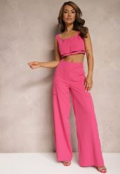 Fuksjowe Spodnie z Szerokimi Nogawkami High Waist Nestajoan. Czerwone jeansy Renee, l, bez wzorów, z jeansu, biznesowe, z podwyższonym stanem. W wyprzedaży za 83.99 zł.