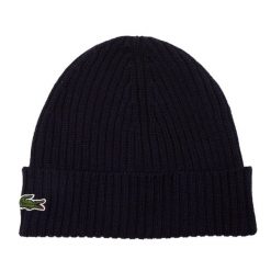 Czapka zimowa wełniana Lacoste Ribbed Wool Beanie Granatowa - RB0001-166. Niebieskie czapki zimowe Lacoste, bez wzorów, z wełny, sportowe. Za 274.85 zł.
