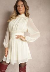 Beżowa Rozkloszowana Sukienka z Półprzeźroczystymi Wstawkami i Stójką Gelabine. Brązowe sukienki Renee, na co dzień, l, bez wzorów, eleganckie, bez kołnierzyka, bez ramiączek, mini, proste. W wyprzedaży za 119.99 zł.