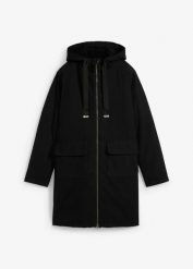 Szeroka kurtka parka zimowa z kapturem. Czarne płaszcze bonprix, na zimę, bez wzorów, eleganckie, z kapturem. Za 339.99 zł.