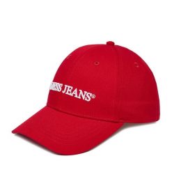 Czapka z daszkiem Guess Jeans. Czerwone czapki z daszkiem Guess Jeans, z aplikacjami, z jeansu. Za 99.99 zł.