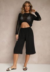 Czarne Luźne Spodnie 3/4 z Kieszonkami Efrinea. Czarne jeansy Renee, l, bez wzorów, z gumy, eleganckie. Za 39.99 zł.