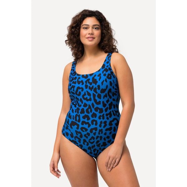 Damskie Strój kąpielowy wzór w panterkę bez miękkich miseczek okrągły dekolt. Niebieskie stroje jednoczęściowe Ulla Popken, bez wzorów, z elastanu, sportowe. W wyprzedaży za 159.99 zł.